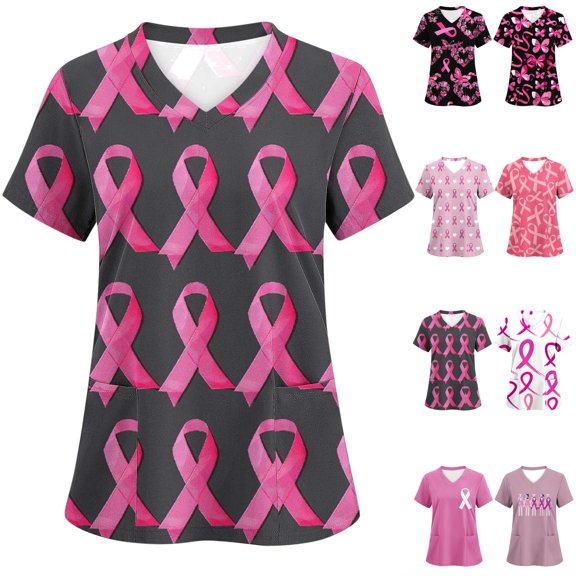Feancey Pink Ribbon Scrub Tops Women Breast Cancer Awarness Scrubs Stretchy Casual V Neck Short Sleeve Working Uniform Nurse Shirts with Pockets Deal of The Day Clearance Multicolor XL