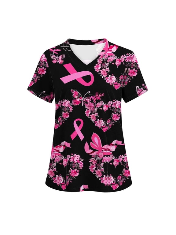 Pink Scrub Tops Women Stretchy Casual Breast Cancer Awareness Scrubs Short Sleeve V Neck Ribbon Print Nursing Uniforms Inspirational Top with Pockets Limited Time Deal Multicolor XXL