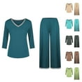 thumbnail image 1 of Feancey Pjs Set for Women 3/4 Sleeve V Neck Top and Wide Leg Pants 2 Piece Pajama Sets Solid Color Casual Sleepwear Two Piece Loungewear Outfits Army Green XXL, 1 of 4