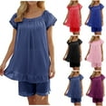 thumbnail image 1 of Feancey Pjs Sets for Women Ice Silk Casual Ruffle Short Sleeve Blouse and Shorts 2 Piece Set Cozy Soft Curved Hem Sleepwear Loungewear Outfits Dark Blue Free Size, 1 of 1