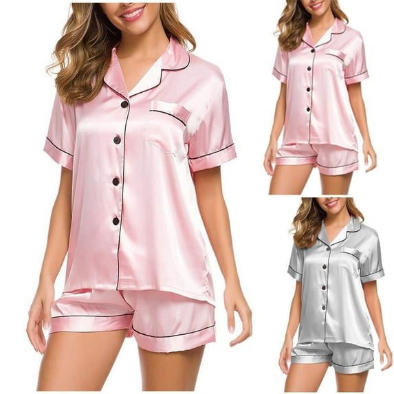 Feancey Pjs Shorts Sets for Women Satin Silky Pajama 2 Piece Outfits Soft Button Down Sleepwear Short Set Solid Color Casual Loungewear Two Piece Gray S