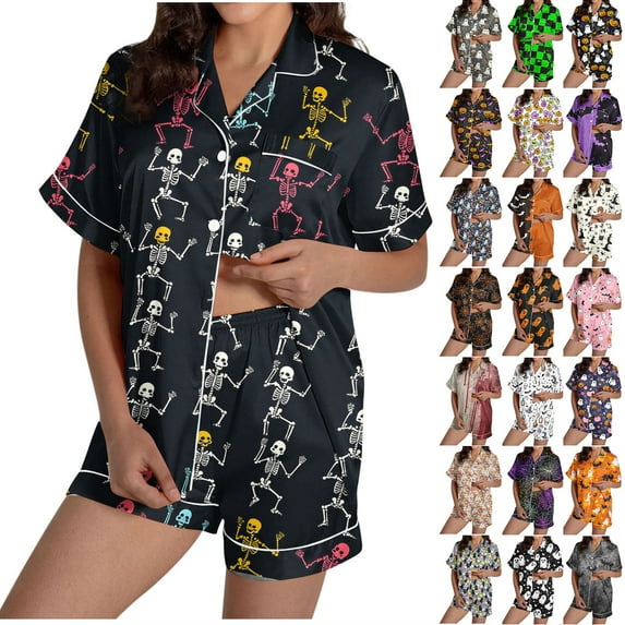 Feancey Pjs Shorts Sets for Women Halloween Ghost Bat Print Pajama 2 Piece Set Short Sleeve Button Down Sleepwear with Shorts Lounge Outfits Navy M