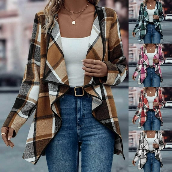 Feancey Plaid Cardigans for Women Trendy Open Front Shawl Jackets Dressy Casual Long Sleeve Lapel Cardigan Work Jacket Fall Clothes Green L