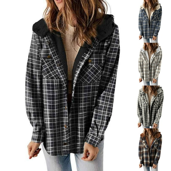 Feancey Plaid Jacket for Women with Hood Winter Fleece Lined Shacket Jackets Hooded Long Sleeve Button Down Coats with Pockets Blue M