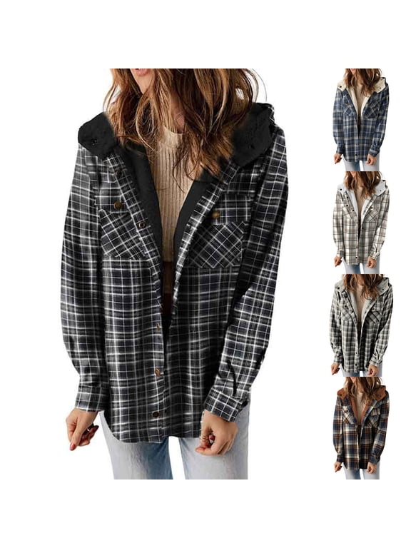 Plaid Jacket for Women with Hood Winter Fleece Lined Shacket Jackets Hooded Long Sleeve Button Down Coats with Pockets Pink L