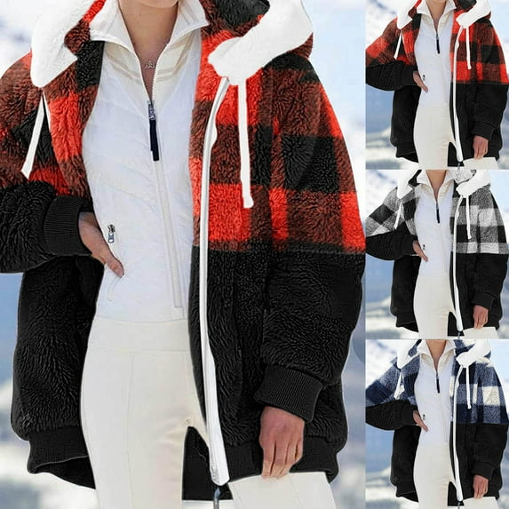 Feancey Womens Winter Fleece Coats Hooded Color Block Patchwork Cardigan Coat Thicken Warm Zip Up Jackets Outerwear with Pockets Red XL