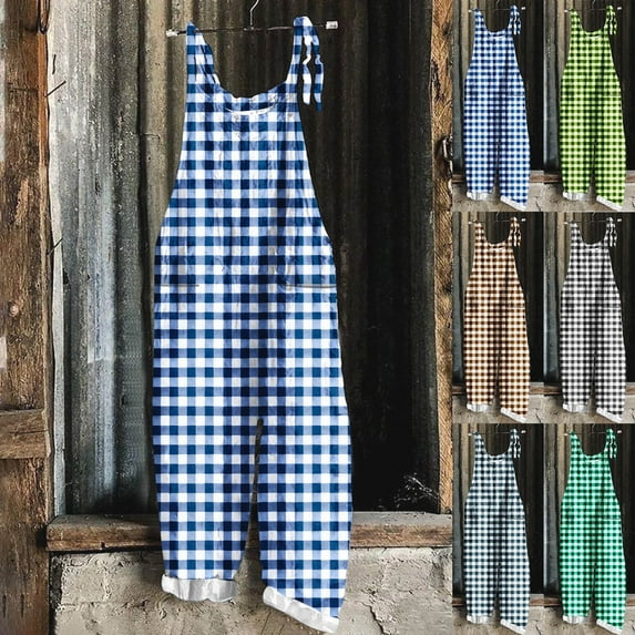 Feancey Plaid Jumpsuits for Women Plus Size Linen Bib Overalls Summer Tie Strap Sleeveless Rompers Beach Casual Baggy Playsuits with Pockets Dark Blue S