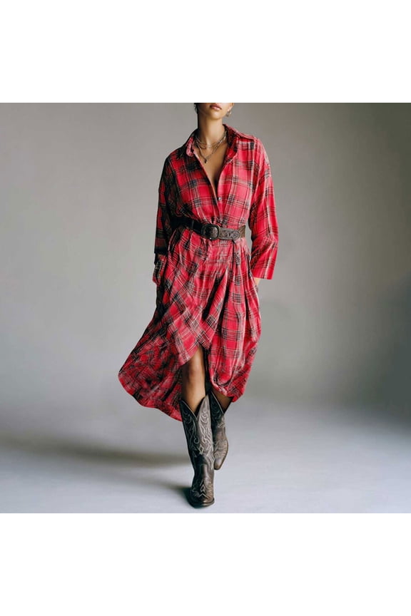 Plaid Maxi Dresses for Women Long Sleeve Lapel Button Up Shirt Dress Summer Casual Country Concert Dresses Western Cowgirl Flowy Dress No Belt Red XL
