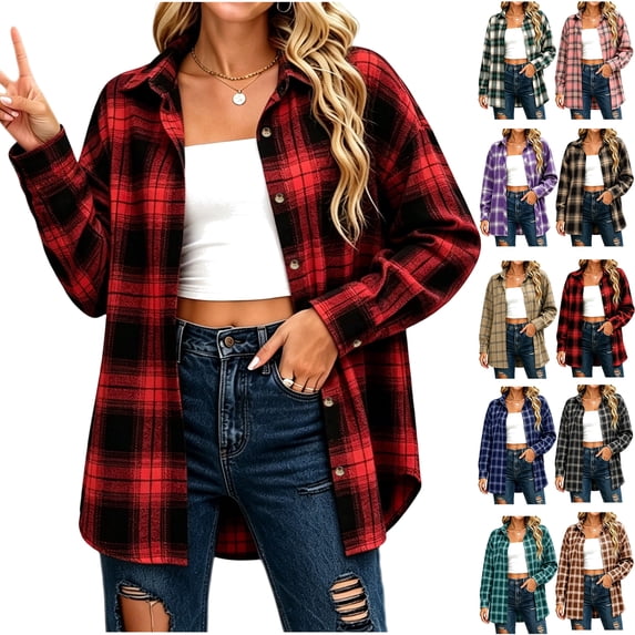 Feancey Plaid Shacket for Women Button Down Long Sleeve Checkered Shirt Jackets Oversized Lapel Collar Loose Casual Outerwear for Weekend Street Wear Blue S