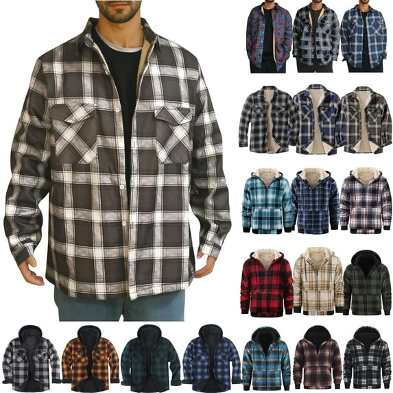 Feancey Plaid Shirt Jackets for Men Winter Warm Hooded Coats Button Down Casual Long Sleeve Shacket Jacket Regular Fit Fashion Outerwear with Pockets Yellow XXL