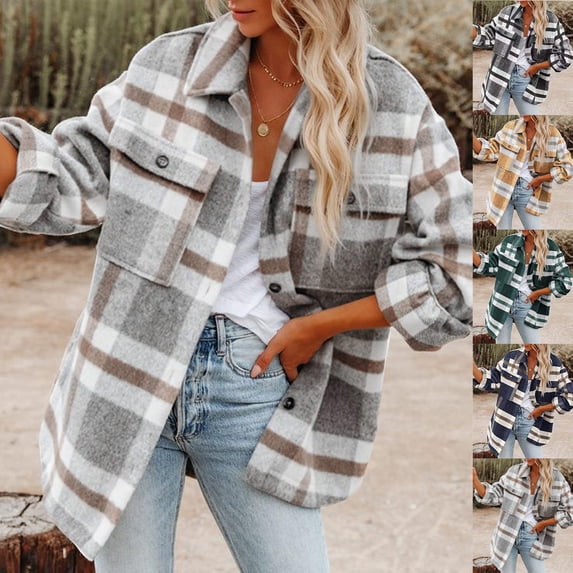 Feancey Plaid Womens Shirt Jackets Lightweight Wool Blend Shacket Jacket Button Down Casual Cardigan Outerwear Lightweight Trench Coat with Pocekts Green XL