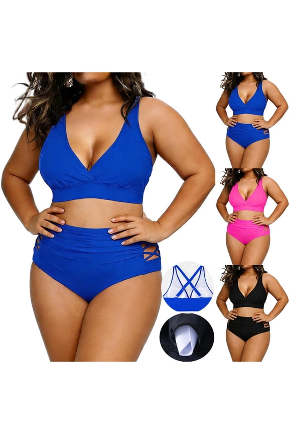 Plus Size Bikini Sets for Women High Waisted Swimsuits Summer Casual Support Bras with Hollow Out Swim Bottoms Bathing Suits 2 Piece Outfits Blue XXL