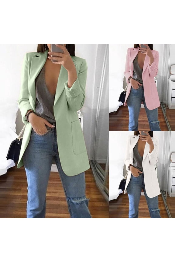 Plus Size Blazer Jackets for Women Open Front Long Sleeve Blazers Business Casual Notch Lapel Suit Jacket with Pockets White S