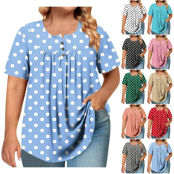 Feancey Plus Size Blouses for Women Dressy Casual Polka Dot Print Tunic Tops Button up Round Neck Short Sleeve T-Shirts 2025 Trendy Going Out Tee Shirt Gray XXL