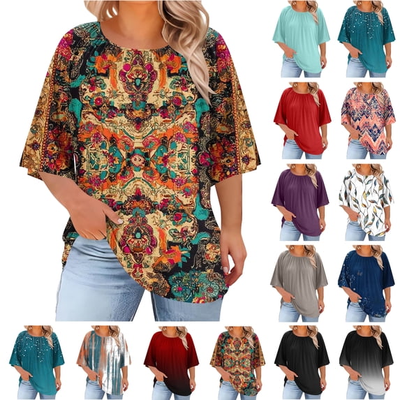 Feancey Plus Size Boho Blouses for Women Crewneck Pleated Summer Tops Aztec Print Loose Fit Shirt Breathable Casual Going Out Tees Navy 3XL
