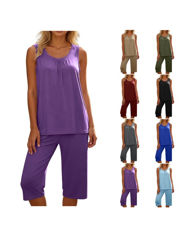 Women's 2 Piece Capri Pajama Set Solid Sleeveless Ruched Top Elastic Waist Loungewear Summer Plus Size Casual Sleepwear Sets Blue XXL