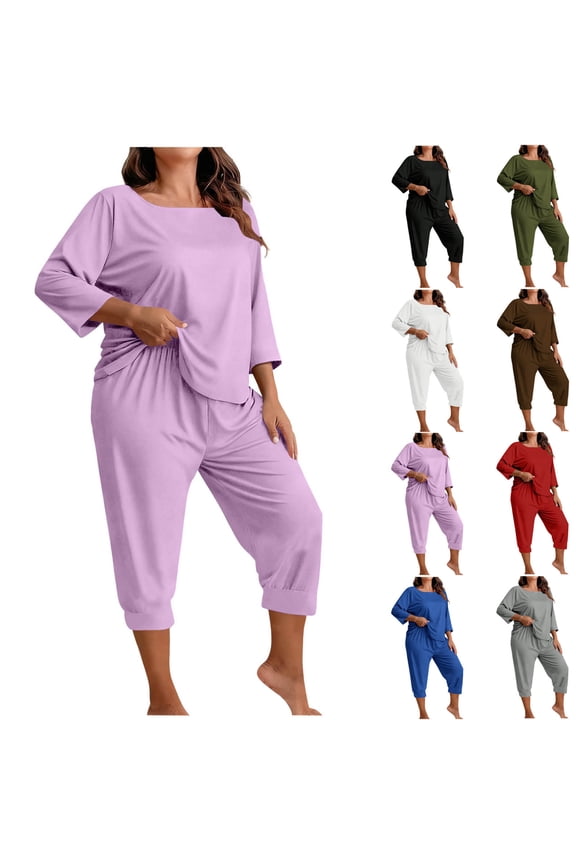 Plus Size Capri Sets for Women 3/4 Sleeve Sleepwear Two Piece Cropped Pants Lounge Pajamas Set Comfort Loose Home Wear Outfits Gray XL