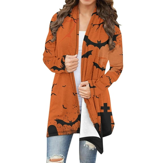 Feancey Plus Size Casual Cardigans for Women Halloween Printed Long Sleeve Cardigan Jacket Milk Silk Soft Open Front Kimonos Lightweight Shawls Multicolor L