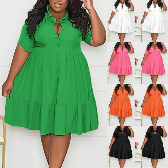 Feancey Plus Size Casual Dresses for Women Summer Button Short Sleeve Midi Dress Solid Color Loose Flowy Dresses Boho Beach Vacation Dress Hot Pink 5XL