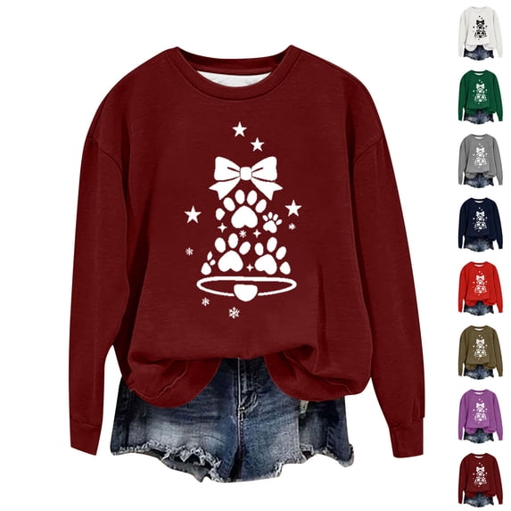 Feancey Plus Size Christmas Sweatshirts for Women Holiday Novelty Print Crewneck Pullover Lightweight Long Sleeve Loose Sweatshirt Fashion Gift Ideas Wine S