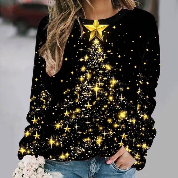 Feancey Plus Size Christmas Tunic Tops for Women Fashion Xmas Tree Graphic Tees Holiday Casual Long Sleeve Loose Blouse Crewneck Pullover Sweatshirts Christmas Yellow M