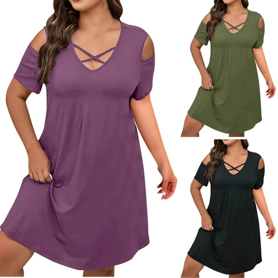 Feancey Plus Size Cold Shoulder Dresses for Curvy Women Cross V Neck Swing Mini Dress Short Sleeve Casual Empire Waist Cocktail Dresses Black 4XL