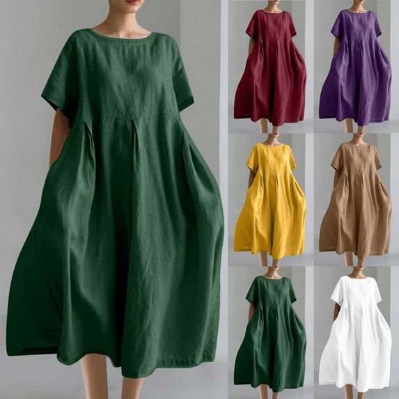 Feancey Plus Size Cotton Linen Dresses for Women Short Sleeve T-Shirt Dress Oversized Casual Midi Dresses Solid Color Loose Vacation Dress Yellow 4XL