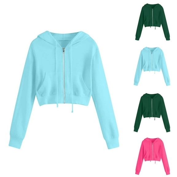 Feancey Plus Size Cropped Jackets for Women Y2k Casual Teen Girl Hooded Jacket Lightweight Zip Up Drawstring Hoodies with Pockets Blue 4XL