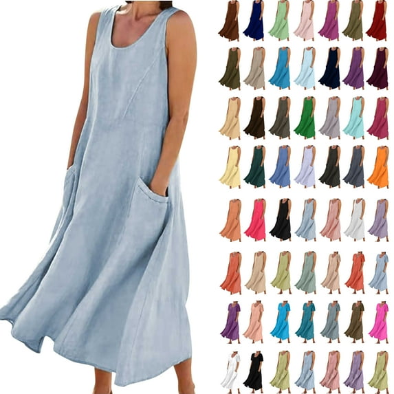 Feancey Plus Size Dresses for Women Casual Summer Long Sundress Loose Round Neck Sleeveless Beach Dress Flowy Pleated Maxi Dresses with Pockets