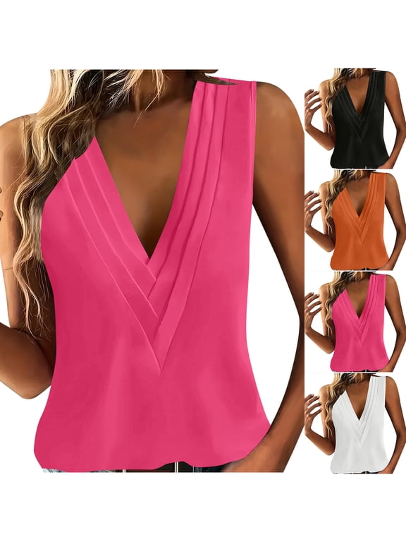 Plus Size Dressy Tank Tops for Women Deep V Neck Sleeveless Blouses Low Cut Casual Business Tank Top Solid Color Summer Tanks Hot Pink 5XL