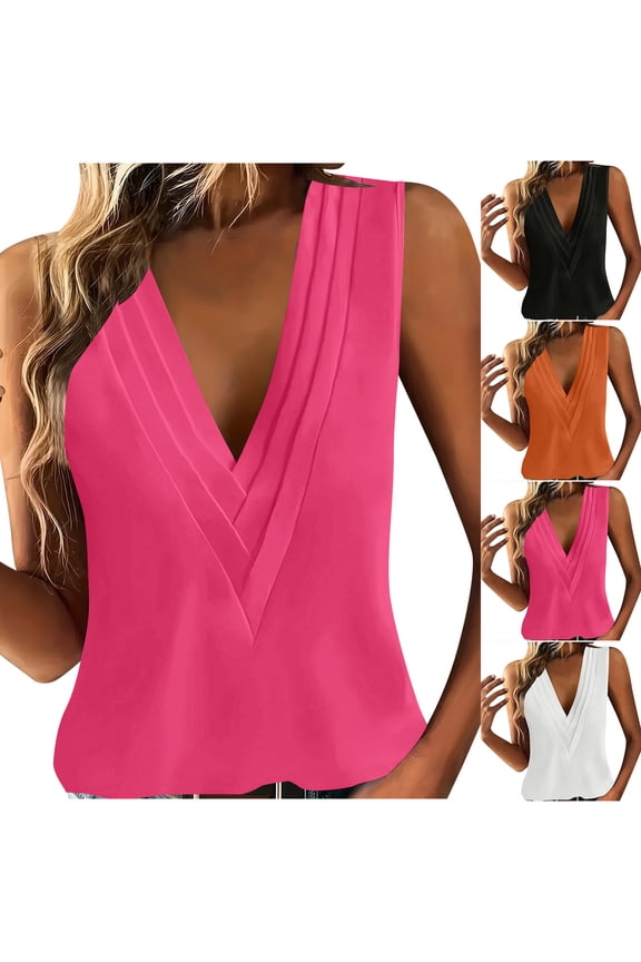 Plus Size Dressy Tank Tops for Women Deep V Neck Sleeveless Blouses Low Cut Casual Business Tank Top Solid Color Summer Tanks Hot Pink XL