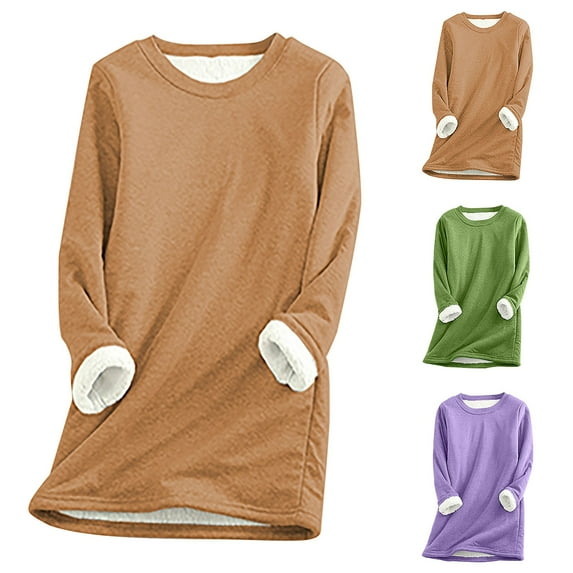Feancey Plus Size Fleece Sweatshirts for Women Warm Sherpa Lined Pajama Tops Furry Casual Long Sleeve Crewneck Pullover Comfy Thermal Underwear Khaki 5XL