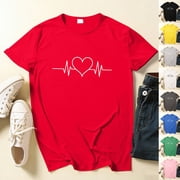 Feancey Plus Size Graphic Tees for Women Heart Beat Printed Valentines Day Shirts Milk Silk Short Sleeve Summer Cute Tops Comfy Loose Pajama Blouse Pink L