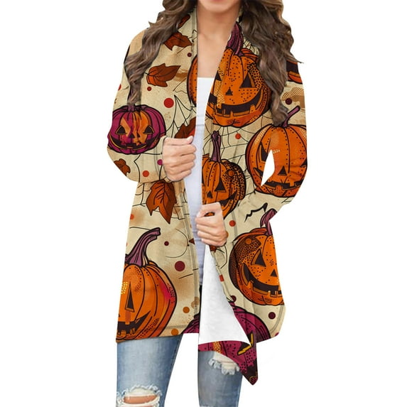 Feancey Plus Size Halloween Cardigans for Women Pumpkin Print Casual Cardigan Jacket Long Sleeve Lightweight Kimonos Shawl Cardigans Multicolor L