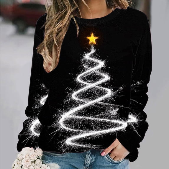 Feancey Plus Size Holiday Tops for Women Christmas Tree Print Crewneck Pullover Sweatshirt Dressy Casual Long Sleeve Round Neck Tunic Blouse White S