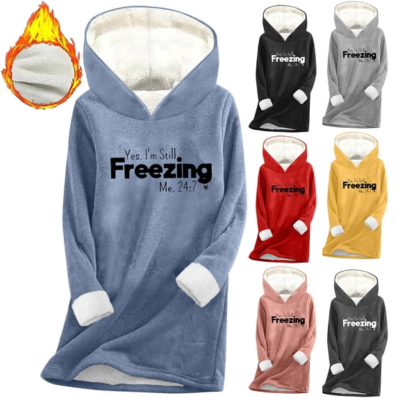 Feancey Plus Size Hoodies for Women Letter Print Hooded Sweatshirts Long Sleeve Casual Fleece Lined Pullover Tops Winter Thick Thermal Loungewear Blue S