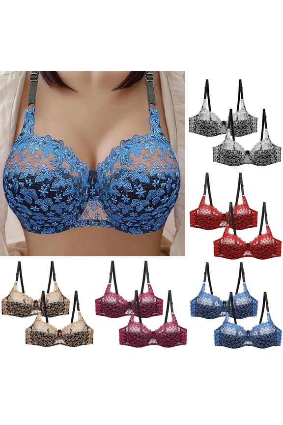 Plus Size Lace Bras for Women 2 Pack Floral Embroidery Underwire Bra Full Coverage Push Up Brassiere Adjustable Straps Minimizer Bras Hot Pink L