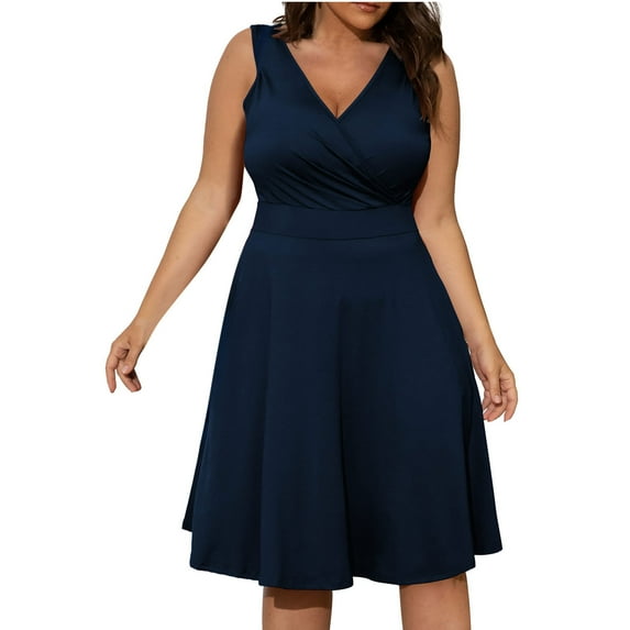 Feancey Plus Size Mini Dresses for Curvy Women Deep V Neck Sleeless Party Dress Summer Solid Short Sleeve Swing Dresses 2025 Flowy Ruffle Short Dresses Clearance Sale