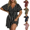 thumbnail image 1 of Feancey Plus Size Mini Dresses for Curvy Women Sexy Deep V Neck Striped print Party Dress High Waist Ruffle Short Sleeve Flowy Beach Sundress锛孉rmy Green锛孹XXL, 1 of 9