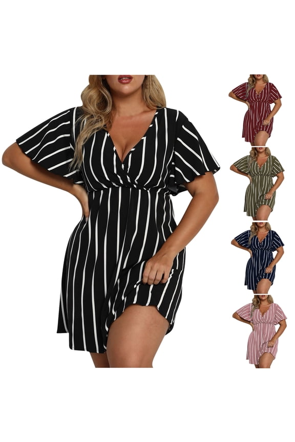 Plus Size Mini Dresses for Curvy Women Deep V Neck Striped print Party Dress High Waist Ruffle Short Sleeve Flowy Beach Sundress Black 3XL