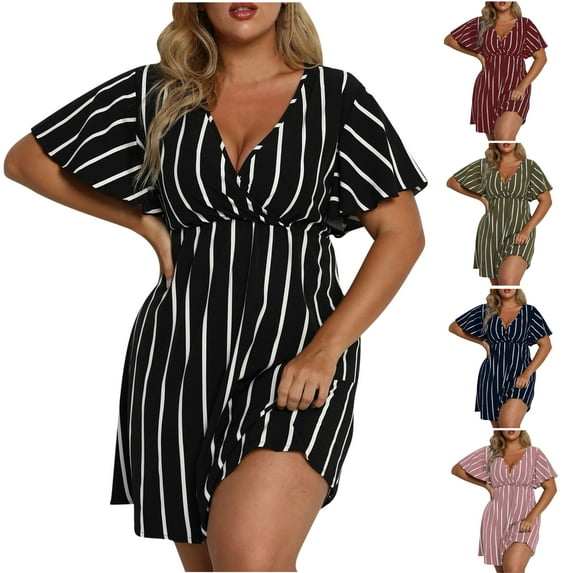 Feancey Plus Size Mini Dresses for Curvy Women Sexy Deep V Neck Striped print Party Dress High Waist Ruffle Short Sleeve Flowy Beach Sundress,Wine,XL