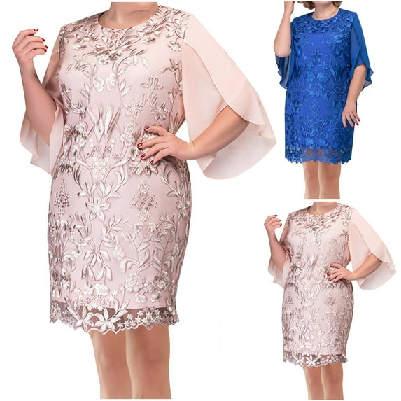 Feancey Plus Size Mother of The Bride Dresses for Women Appliqu茅 Chiffon Dress Ruffled Sleeve Elegant Midi Dresses Ladies Cocktail Party Dress Pink XXL
