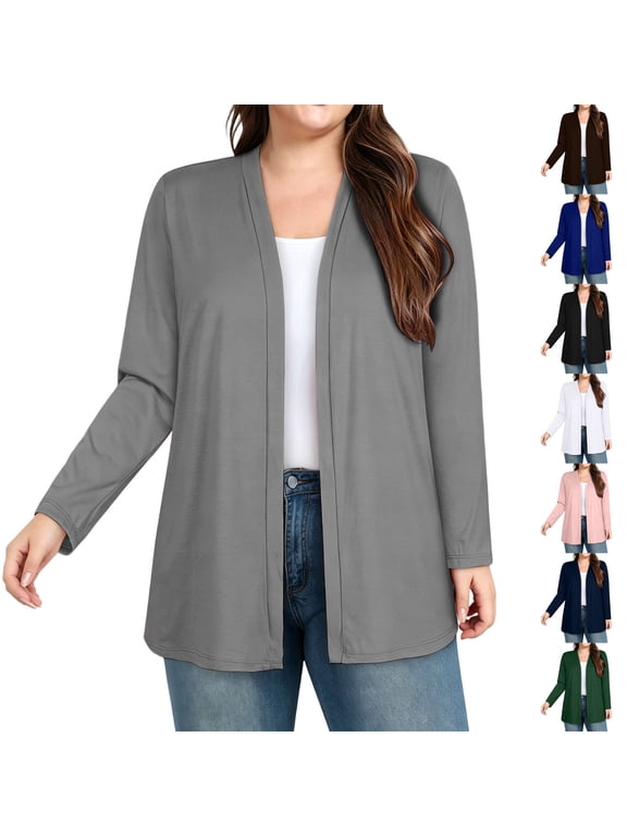 Plus Size Open Front Cardigans for Women Long Sleeve Lightweight Cardigan Jacket Mid Length Casual Duster Jacket Solid Color Fall Layering Tops Navy S