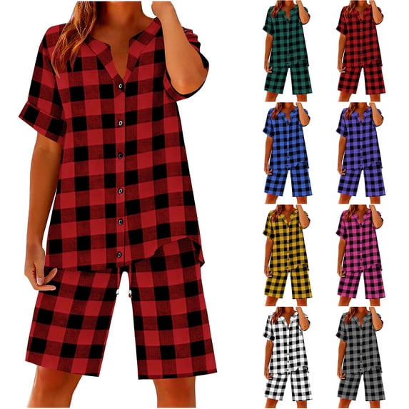Feancey Plus Size Outfits for Women Plaid Pajama Sets Button Down ...