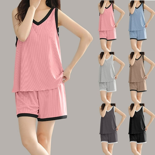 Feancey Plus Size Pajama Short Sets for Women Colorblock Casual Pjs Shorts Set Ruffle Tank Tops Sleepwear Two Piece Built in Bra Loung 2 Piece Outfits 90 Percent Off Clearance Sale Pink XXL