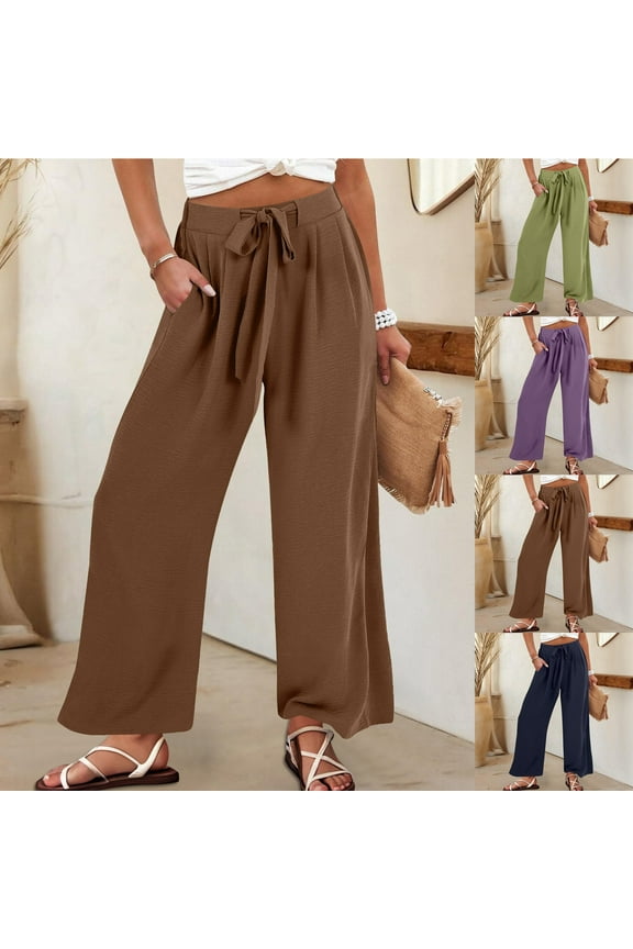 Plus Size Palazzo Pants for Women Business Casual Office Work Pants Tie Front High Waist Wide Leg Pants Solid Color Trendy Trousers with Pockets Purple 4XL