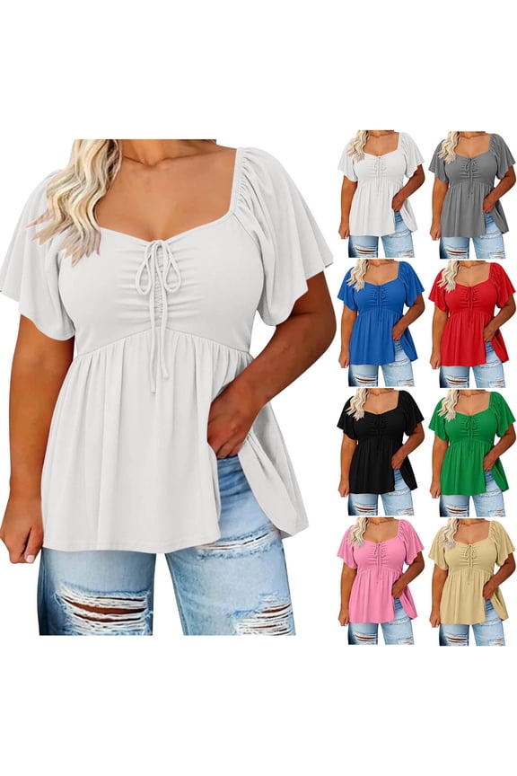 Plus Size Peplum Blouses for Women Ruffle Sleeve Square Neck Cute Tops Drawstring Ruched Front Casual Tunic Shirts for Outing Red L