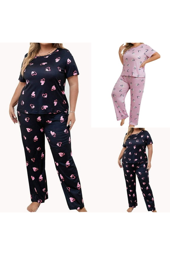 Plus Size Pjs Sets for Women Cute Heart Printed Pajama Set Casual Short Sleeve Round Neck Sleepwear Stretch Long Pant 2 Piece Outfits Limited Time Sales Today,Black,3XL
