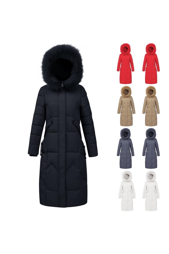 Plus Size Puffer Jacket Women Long Down Coats Faux Fur Trim Hooded Parka Jackets Winter Thick Warm Overcoat Outerwear with Pockets Black 4XL