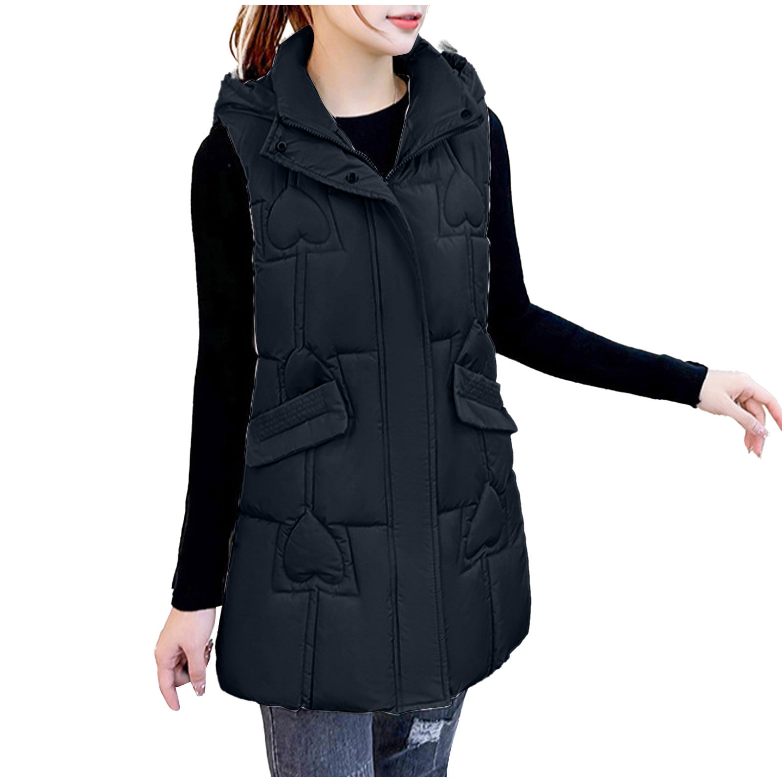 Feancey Plus Size Puffer Vests for Women 2x Women Quilted Sleeveless Hooded Vest Jacket Thick Mid Lengh Coat Winter Warm Outwear